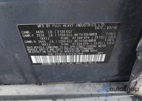 2015 Subaru Outback 2.5I Limited z USA, uszkodzony, nr VIN 4S4BSAJC4F3362949